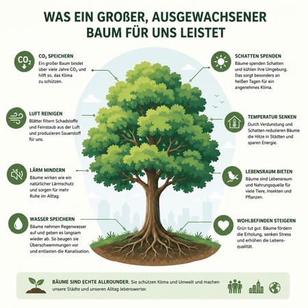 Illustration eines großen, grünen Baumes mit erklärenden Symbolen und Texten zu den Vorteilen von Bäumen für Mensch und Umwelt. Dargestellt werden unter anderem CO₂-Speicherung, Luftreinigung, Kühlung, Schatten, Wasserspeicherung, Lärmschutz sowie die Bedeutung von Bäumen als Lebensraum für Tiere und Pflanzen.