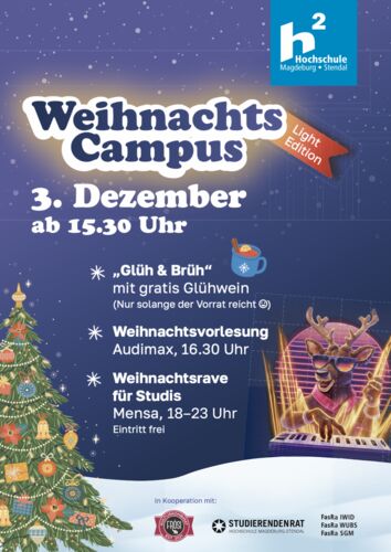 Das Bild zeigt ein buntes Weihnachtsmotiv mit einem festlich geschmückten Tannenbaum, Geschenken und Weihnachtskugeln rechts im Bild. Links steht in großen weißen Buchstaben „Weihnachts Campus Light Edition“, darunter „3. Dezember ab 15.30 Uhr“. Neben dem Baum steht ein animierter Hirsch mit Sonnenbrille an einem Keyboard, von pinken und gelben Lichtern umgeben. Am unteren Rand ist eine Tasse mit Punsch und Zimtstange abgebildet. Der Hintergrund ist dunkelblau mit Schneefall und Lichtern.