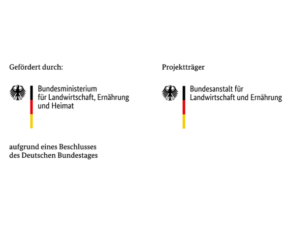 Logo of the funding body. On the left side, the black lettering reads “Funded by the Federal Ministry of Agriculture, Food and Homeland Affairs on the basis of a decision by the German Bundestag,” accompanied by the black German eagle. On the right side, the black lettering reads “Project Management Agency: Federal Office for Agriculture and Food,” also accompanied by the black German eagle.