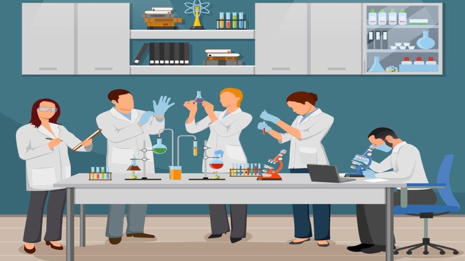 Forschende in einem Labor, die Experimente durchführen und wissenschaftliche Arbeit in der Wissenschaft darstellen