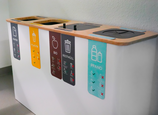 Moderne Abfallstation mit fünf getrennten Bereichen für Papier, Plastik, Bio, Restabfall und Pfand. Die Behälter sind farblich markiert und mit Symbolen zur Abfalltrennung versehen.