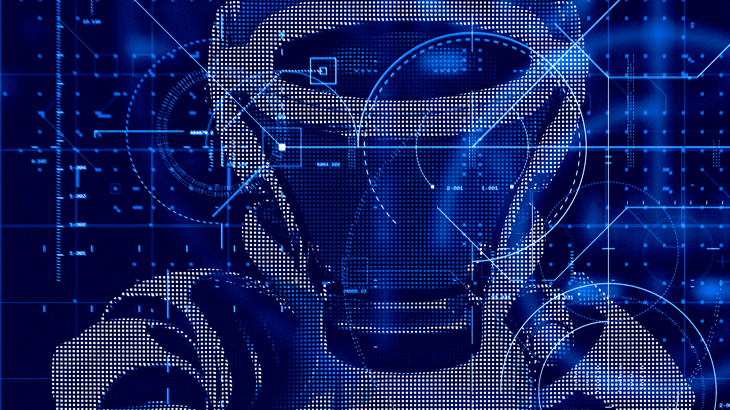 Futuristischer, punktierter Roboterkopf mit Helm in Neonblau auf dunklem, digitalem Gitterhintergrund mit geometrischen Linien, Kreisen und cyanfarbenen Effekten.