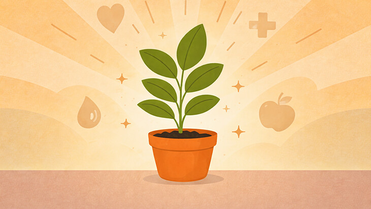 Illustration einer grünen Pflanze in einem Blumentopf, die vor einem warmen, hellen Hintergrund steht. Um die Pflanze herum sind Symbole wie ein Herz, ein Pluszeichen, ein Wassertropfen und ein Apfel zu sehen, die Gesundheit, Wachstum und Wohlbefinden symbolisieren.
