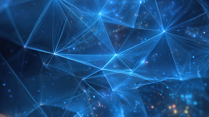 Abstrakte Illustration aus leuchtend blauen, netzartigen Linienstrukturen vor dunklem Hintergrund. Die Darstellung erinnert an vernetzte Datenpunkte und symbolisiert Forschung, Digitalisierung und technologische Zukunft.