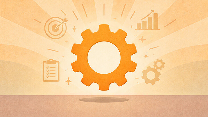 Großes orangefarbenes Zahnrad schwebt vor einem hellen Hintergrund, umgeben von Symbolen für Zielscheibe, Wachstumsgrafik, Checkliste und kleinere Zahnräder, die Themen wie Effizienz, Planung und Zukunftskompetenzen symbolisieren.