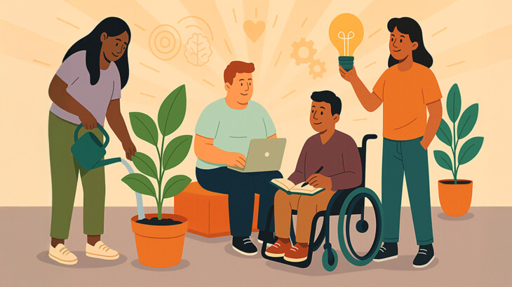 Eine moderne, warmtonige digitale Illustration im flachen Stil, die eine vielfältige Gruppe von Universitätsstudierenden in einer inspirierenden, kollaborativen Lernumgebung zeigt. Eine Studentin gießt eine Pflanze, die persönliches Wachstum symbolisiert, eine andere präsentiert eine Idee mit einer leuchtenden Glühbirne, während zwei weitere selbstbewusst mit Laptop und Block in einem entspannten, innovativen Lernraum mit modularen Möbeln und Grünpflanzen zusammenarbeiten. Einer der Studierenden sitzt im Rollstuhl. Der Hintergrund enthält abstrakte Elemente, die Wohlbefinden, selbstgesteuertes Lernen und Zukunftskompetenzen suggerieren – wie sanfte Strahlen, Jahresringe und symbolische Icons (z. B. Gehirn, Herz, Zahnräder). Die Szene sollte experimentell, inklusiv und zukunftsorientiert wirken – ohne Text, mit klarer Komposition und harmonischen Farben.