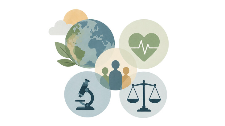 Illustration mit fünf überlappenden Kreisen. Zu sehen sind eine Weltkugel mit zwei Blättern sowie einer Sonne und einer Wolke im Hintergrund, ein Herz mit einer EKG-Linie, drei stilisierte Personen, ein Mikroskop und eine Waage. Die Symbole sind in gedeckten Blau-, Grün- und Gelbtönen auf weißem Hintergrund dargestellt.