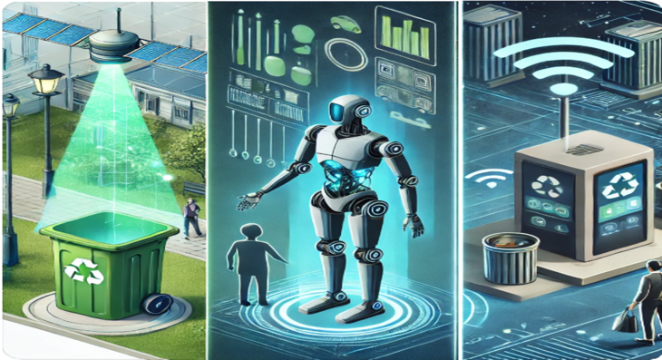 Illustration eines smarten Müllsystems: Links ein grüner Mülleimer mit einem leuchtenden Scanning-Licht von oben, das den Müll analysiert; in der Mitte ein großer humanoider Roboter, der in holografischer Umgebung mit einem Kind interagiert, umgeben von futuristischen grafischen Datenanzeigen; rechts moderne Müllentsorgungsstationen mit einem großen WLAN-Symbol und mehreren Behältern, vor denen eine Person mit Einkaufstaschen steht.