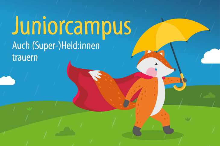 Grafik Juniorcampus, Fuchs mit einem Regenschirm in der Hand, läuft über eine Wiese