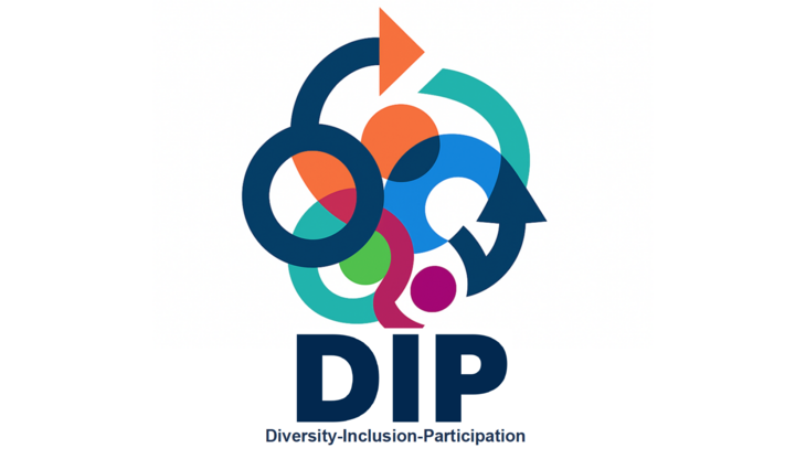 Buntes Logo mit ineinandergreifenden Symbolen und Pfeilen über dem Schriftzug „DIP – Diversity-Inclusion-Participation“.