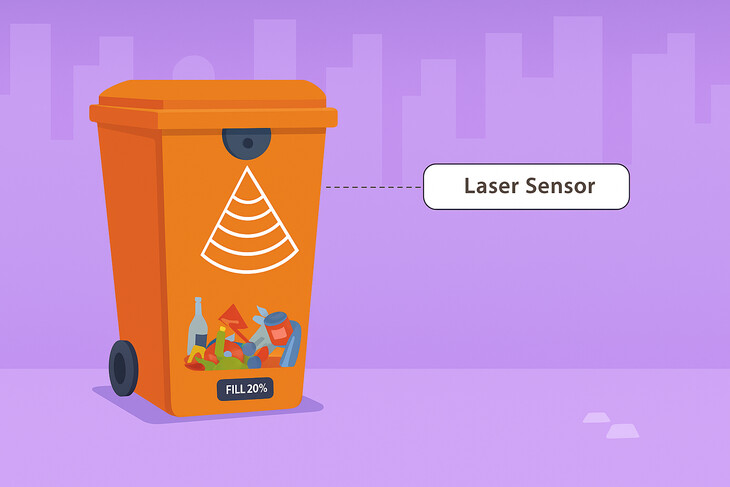 Illustration einer orangen Mülltonne mit einem grafisch dargestellten Lasersensor auf der Vorderseite. Ein Informationsfeld zeigt „Laser Sensor“. Unten an der Tonne befindet sich ein Display mit dem Füllstand „FILL 20%“. In der Mülltonne sind verschiedene farbige Abfälle wie Flaschen, Kartons und Dosen sichtbar. Der Hintergrund ist lila mit angedeuteter Stadtsilhouette.