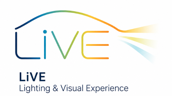 LiVE – Lighting & Visual Experience, Hochschule Magdeburg-Stendal. Logo mit stilisierter Fahrzeugkontur und Lichtstrahlen.