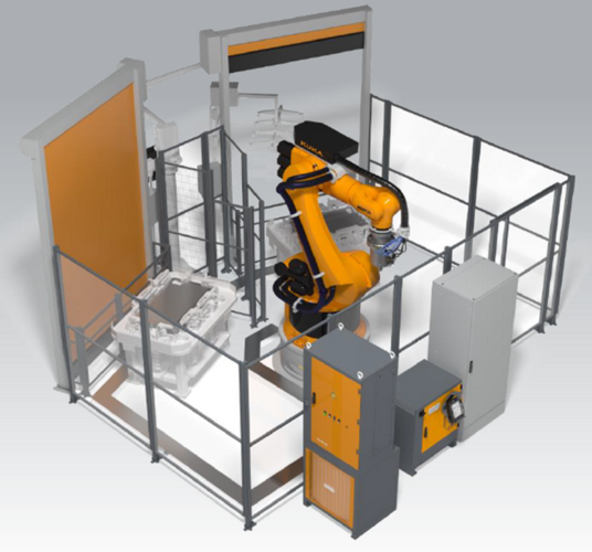 3D-Darstellung einer automatisierten Roboterzelle mit einem orangefarbenen Industrieroboterarm in einer umzäunten Sicherheitskabine. Der Roboter steht auf einem Sockel und ist von Schutzgittern mit Zugangstür umgeben; rechts außerhalb der Zelle befinden sich ein Schaltschrank und eine Steuerungseinheit.