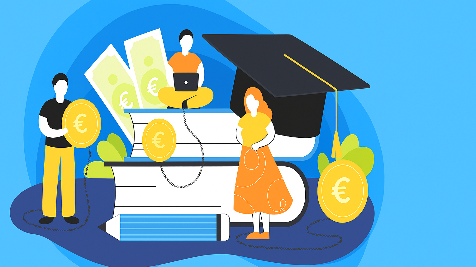 Promovierende mit Doktorhüten und Geldsymbolen, die Stipendienmöglichkeiten darstellen