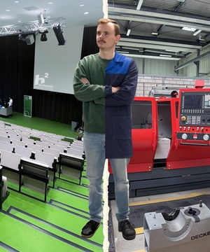 Ein vertikal geteiltes Foto zeigt einen Studenten in zwei Welten. Links steht er in einem grünen Pullover und Jeans in einem modernen Hörsaal der Hochschule Magdeburg-Stendal. Rechts trägt er einen blauen Arbeitskittel und steht in eine Labor vor einer großen, roten CNC-Maschine.