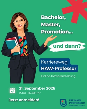 Poster zur Bewerbung der Online-Infoveranstaltung. Links ist eine KI-generierte Professorin zu sehen, die Bücher in der einen Hand hält. Rechts daneben stehen die Informationen zur Veranstaltung.