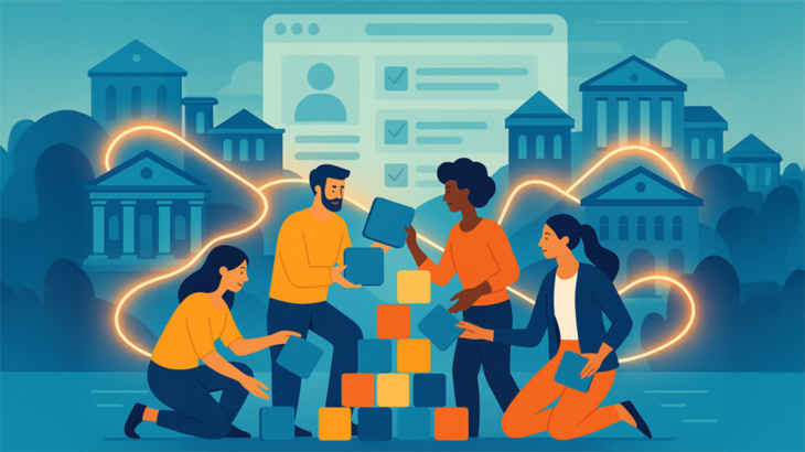 A modern, abstract representation of interconnected universities, symbolised by stylised buildings connected by glowing paths. In between are people from a wide variety of backgrounds, oriented towards modular building blocks – like small puzzle pieces or tiles that can be individually assembled. Each building block symbolises a learning module (microcredential). In the background, a digital platform serves as an abstract interface, depicted as transparent and interconnected. The atmosphere is open, forward-looking and cooperative – clear lines, friendly colours, dynamic composition.