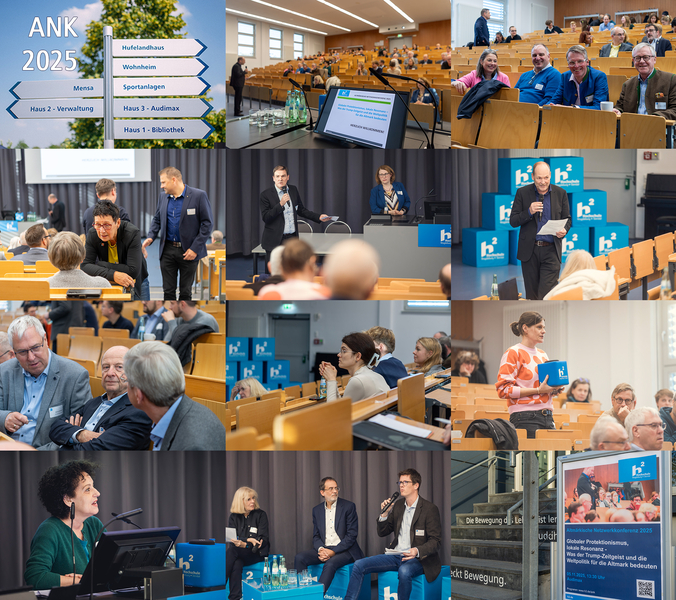 Fotocollage der Altmärkischen Netzwerkkonferenz 2025 mit Vortragenden und Publikum im Hörsaal