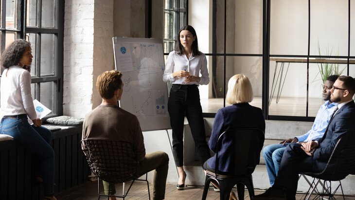 Ein Team von sechs Personen sitzt in einem hellen, modernen Besprechungsraum zusammen, während eine Frau an einem Whiteboard Präsentationen durchführt. Die Gruppe zeigt Interesse und Engagement.