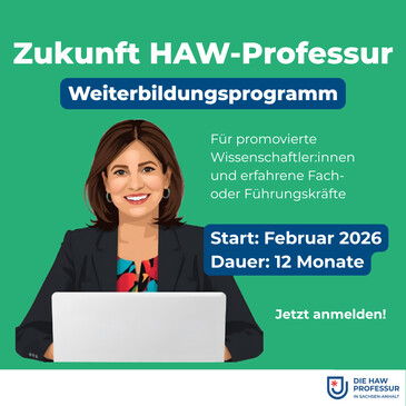 Grafik, die eine Frau vor einem Laptop zeigt. Die Person lächelt. Drumherum stehen Informationen zum Weiterbildungsprogramm.