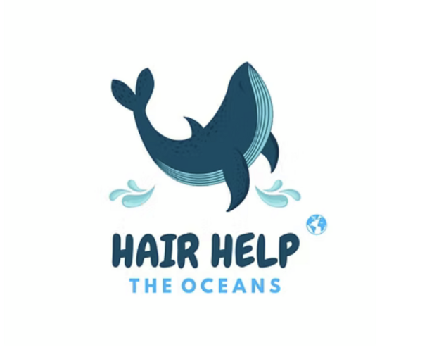 Logo mit dem blauen Schriftzug "Hair help the oceans". Darüber ein Wal mit Wassertropen an der Seite und eine kleine Weltkugel.
