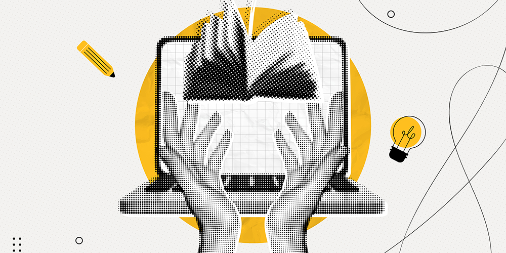 Abstrakte Illustration mit einem Laptop, über dem Hände und Buchseiten als Symbol für digitales Lernen und Studieninteresse dargestellt sind.