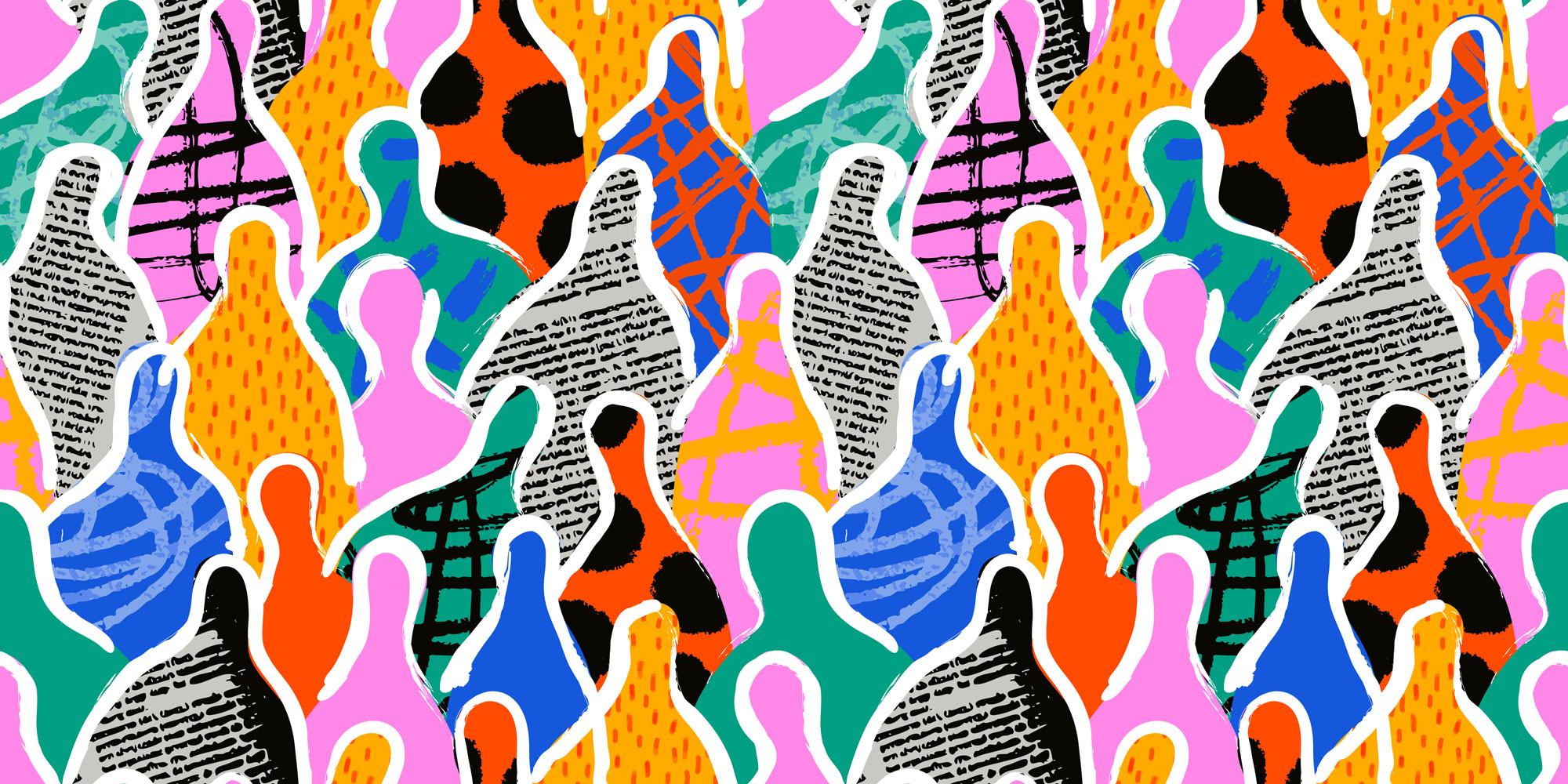 Abstraktes, nahtloses Muster aus stilisierten, überlappenden menschlichen Silhouetten in kräftigen Farben (Orange, Pink, Blau, Grün, Schwarz und Weiß) mit verschiedenen Texturen und Mustern vor einem bunten Hintergrund.