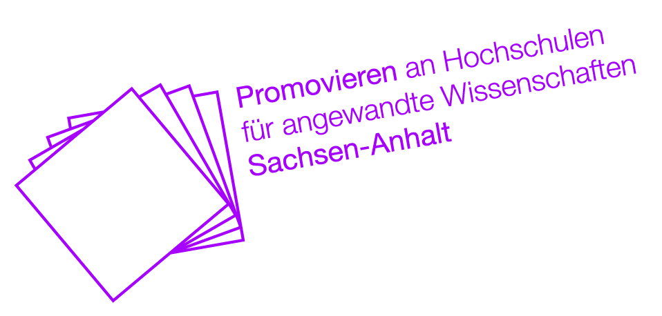 Lila grafisches Logo mit mehreren übereinander gestapelten quadratischen Blättern auf der linken Seite; rechts daneben der Schriftzug „Promovieren an Hochschulen für angewandte Wissenschaften Sachsen-Anhalt“ auf hellem Hintergrund.