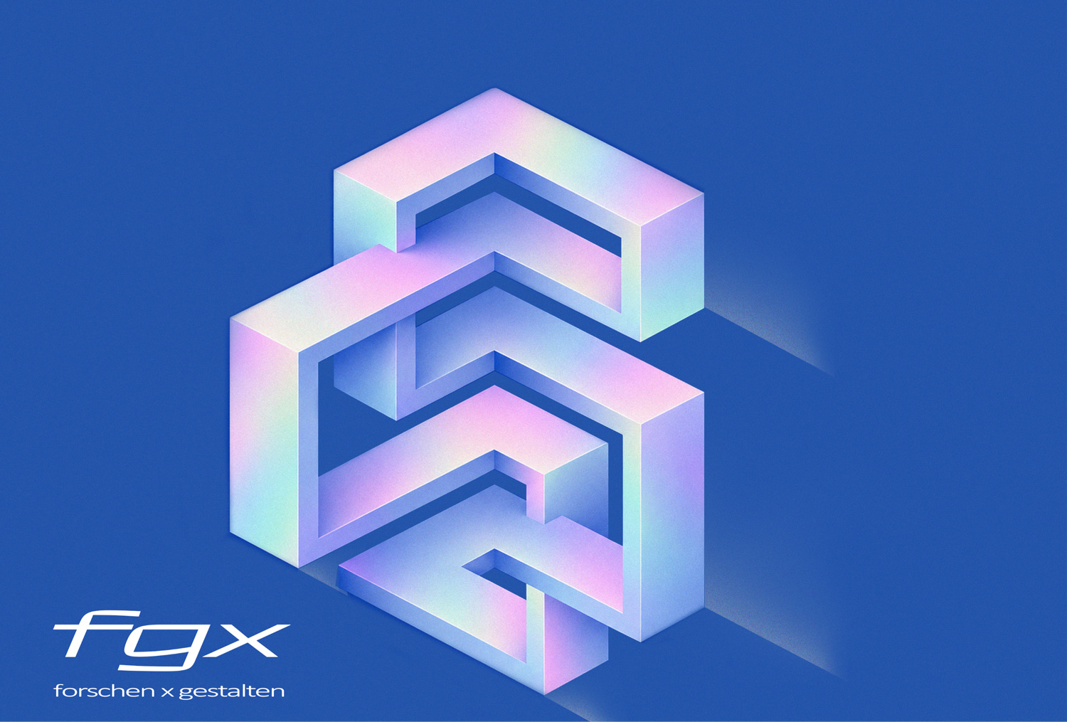 Abstrakte, dreidimensionale geometrische Illustration in Pastellfarben auf blauem Hintergrund, darunter das Logo „fgx“ und der Schriftzug „forschen x gestalten“.