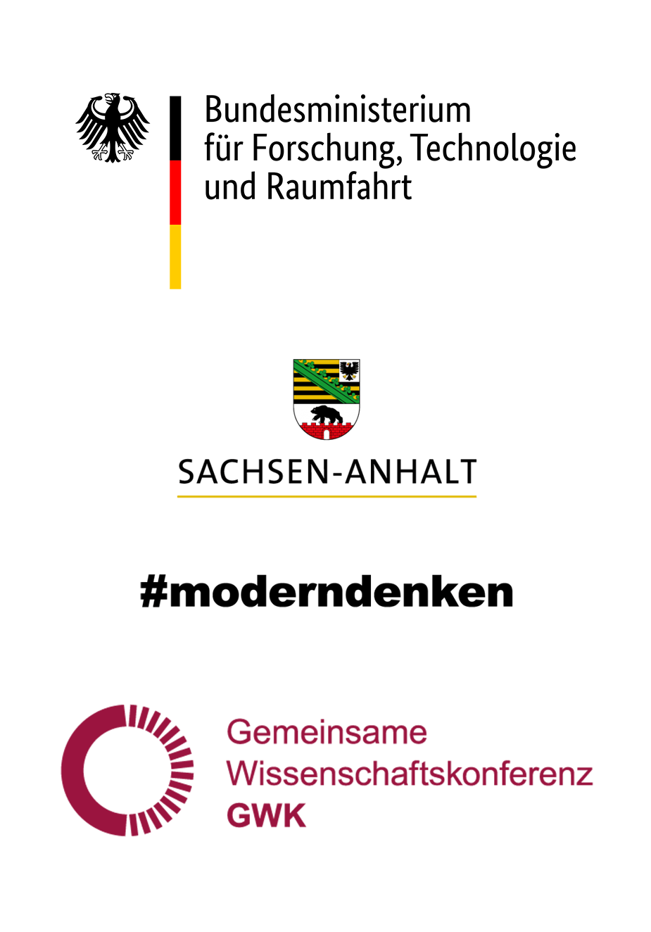 Logos des Bundesministerium für Forschung, Technologie und Raumfahrt; Sachsen-Anhalt #moderndenken und Gemeinsame Wissenschaftskonferenz GWK