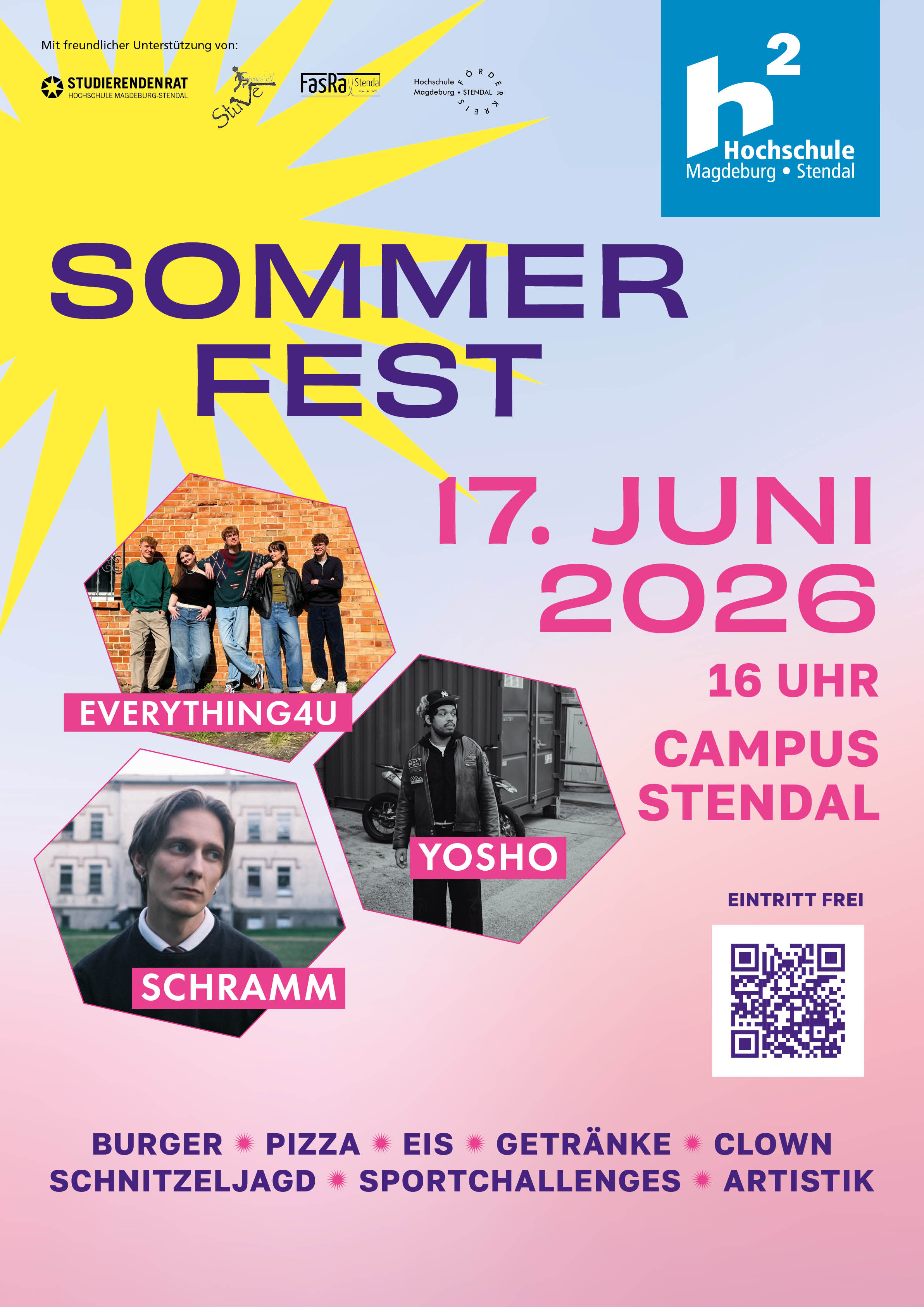 Plakat für das Sommerfest am Campus Stendal am 17. Juni 2026 ab 16 Uhr, Eintritt frei. Angegeben sind die Acts Everything4U, Yosho und Schramm sowie Angebote wie Burger, Pizza, Eis, Getränke, Clown, Schnitzeljagd, Sportchallenges und Artistik.