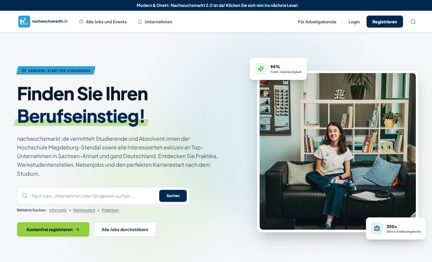 Das Bild zeigt einen Ausschnitt der Startwebseite des Stellenportal Nachwuchsmarkt.de