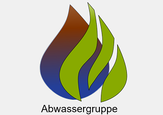 Bild zeigt Logo der Abwassergruppe, welches aus einem Wassertropfen besteht, mit einem Farbverlauf von rot nach blau. Vor diesem Tropfen ist ein abstrakt verschnörkelter grüner Wassertropfen.
