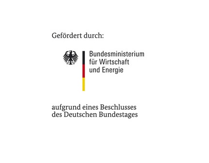 Logo mit dem Schriftzug in schwarz "gefördert durch:", darunter dem deutschen Adler in schwarz, einem Balken in deutschlandfarben und dem Schriftzug in schwarz "Bundesministerium für Wirtschaft und Energie". Darunter steht der Schriftzug in schwarz: "aufgrund eines Beschlusses des deutschen Bundestages"
