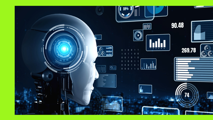 Ein futuristischer, kugelförmiger Roboter mit leuchtendem blauen Auge steht vor einer nächtlichen Stadtlandschaft, umgeben von schwebenden digitalen Finanzdiagrammen, Kennzahlen und Datenanzeigen auf dunkelblauem Hintergrund, eingerahmt von einem kräftigen, neongrünen Rand.