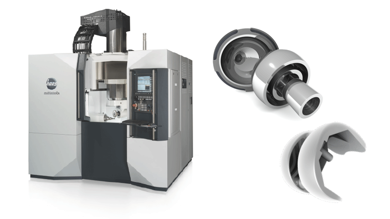 Graue vertikale CNC-Bearbeitungsmaschine mit geöffnetem Arbeitsraum und Bedienpanel, daneben freigestellte Darstellung kugelgelenkartiger Präzisionsteile, die die hergestellten Bauteile der Maschine illustrieren.