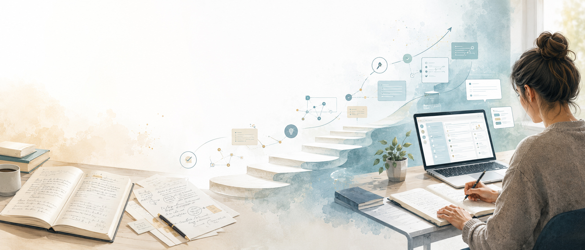 Illustration einer Person, die an einem Laptop arbeitet und handschriftliche Notizen macht. Im Bild verbinden stilisierte Stufen sowie Symbole, Diagramme und digitale Oberflächen den Weg vom analogen Lernen zu digitalen Arbeits- und Lernprozessen.