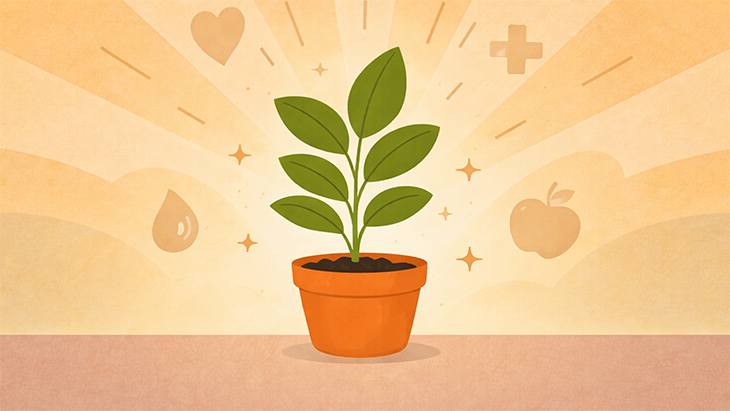 Illustration einer grünen Pflanze in einem Blumentopf, die vor einem warmen, hellen Hintergrund steht. Um die Pflanze herum sind Symbole wie ein Herz, ein Pluszeichen, ein Wassertropfen und ein Apfel zu sehen, die Gesundheit, Wachstum und Wohlbefinden symbolisieren.