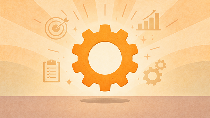 Großes orangefarbenes Zahnrad schwebt vor einem hellen Hintergrund, umgeben von Symbolen für Zielscheibe, Wachstumsgrafik, Checkliste und kleinere Zahnräder, die Themen wie Effizienz, Planung und Zukunftskompetenzen symbolisieren.