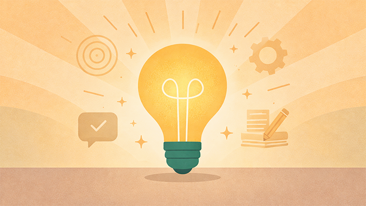 Große leuchtende Glühbirne schwebt vor einem warmen, strahlenförmigen Hintergrund, umgeben von Symbolen wie Sprechblase mit Häkchen, Zielscheibe, Zahnrad sowie Büchern mit Stift, die Ideen, Lernen und innovative Lernumgebungen darstellen.