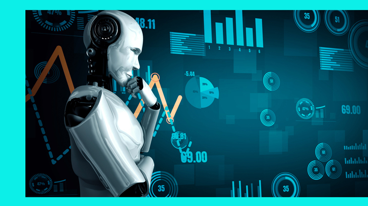 Ein humanoider Roboter in seitlicher Ansicht steht nachdenklich vor einer dunkelblauen digitalen Oberfläche mit Diagrammen, Kurven und Datenanzeigen, eingerahmt von einem leuchtenden türkisfarbenen Rand.